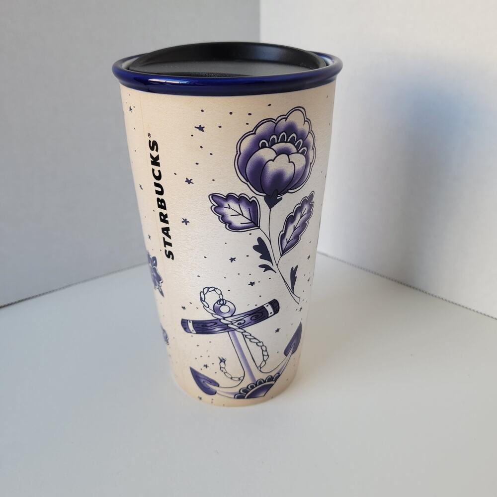 Starbucks 12 Oz Mermaid Tattoo Floral Ceramic Tumbler Travel Mug Blue Siren 2016 - Picture 2 of 6